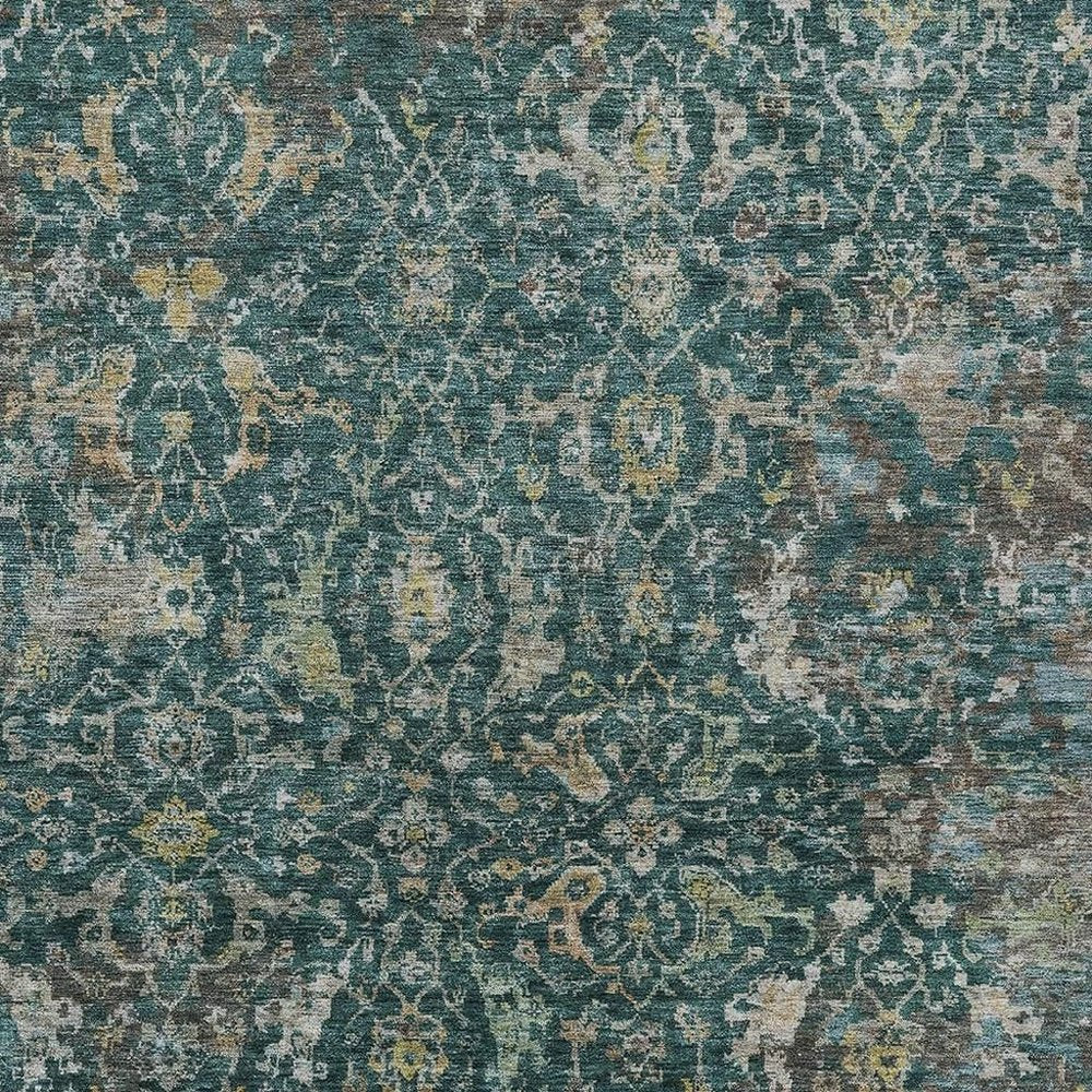 3' X 5' Teal Blue And Gray Damask Washable Indoor Outdoor Area Rug — view 4