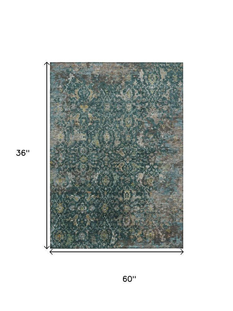 3' X 5' Teal Blue And Gray Damask Washable Indoor Outdoor Area Rug HomeRoots