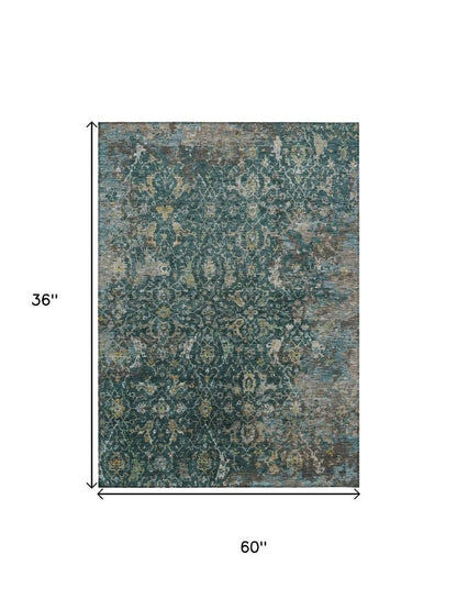 3' X 5' Teal Blue And Gray Damask Washable Indoor Outdoor Area Rug HomeRoots