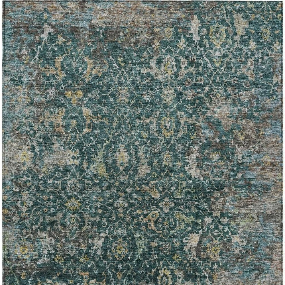 5' X 8' Teal Blue And Gray Damask Washable Indoor Outdoor Area Rug HomeRoots