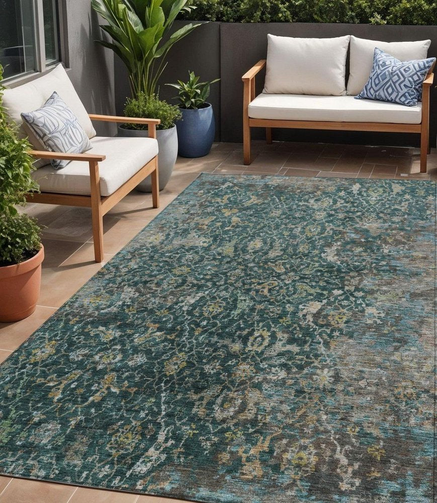 5' X 8' Teal Blue And Gray Damask Washable Indoor Outdoor Area Rug HomeRoots