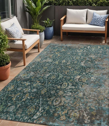 5' X 8' Teal Blue And Gray Damask Washable Indoor Outdoor Area Rug HomeRoots