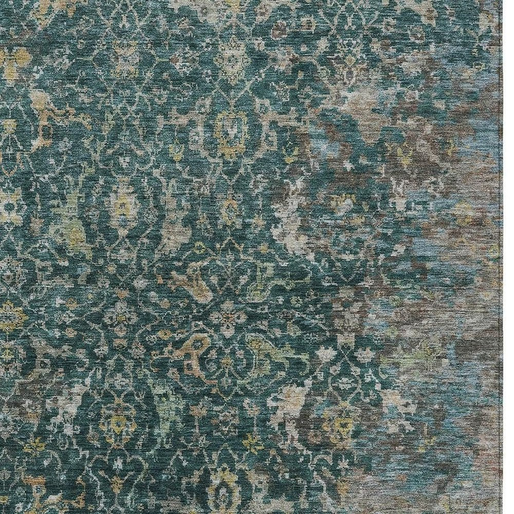 5' X 8' Teal Blue And Gray Damask Washable Indoor Outdoor Area Rug HomeRoots