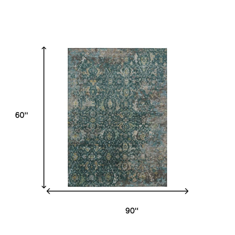 5' X 8' Teal Blue And Gray Damask Washable Indoor Outdoor Area Rug HomeRoots
