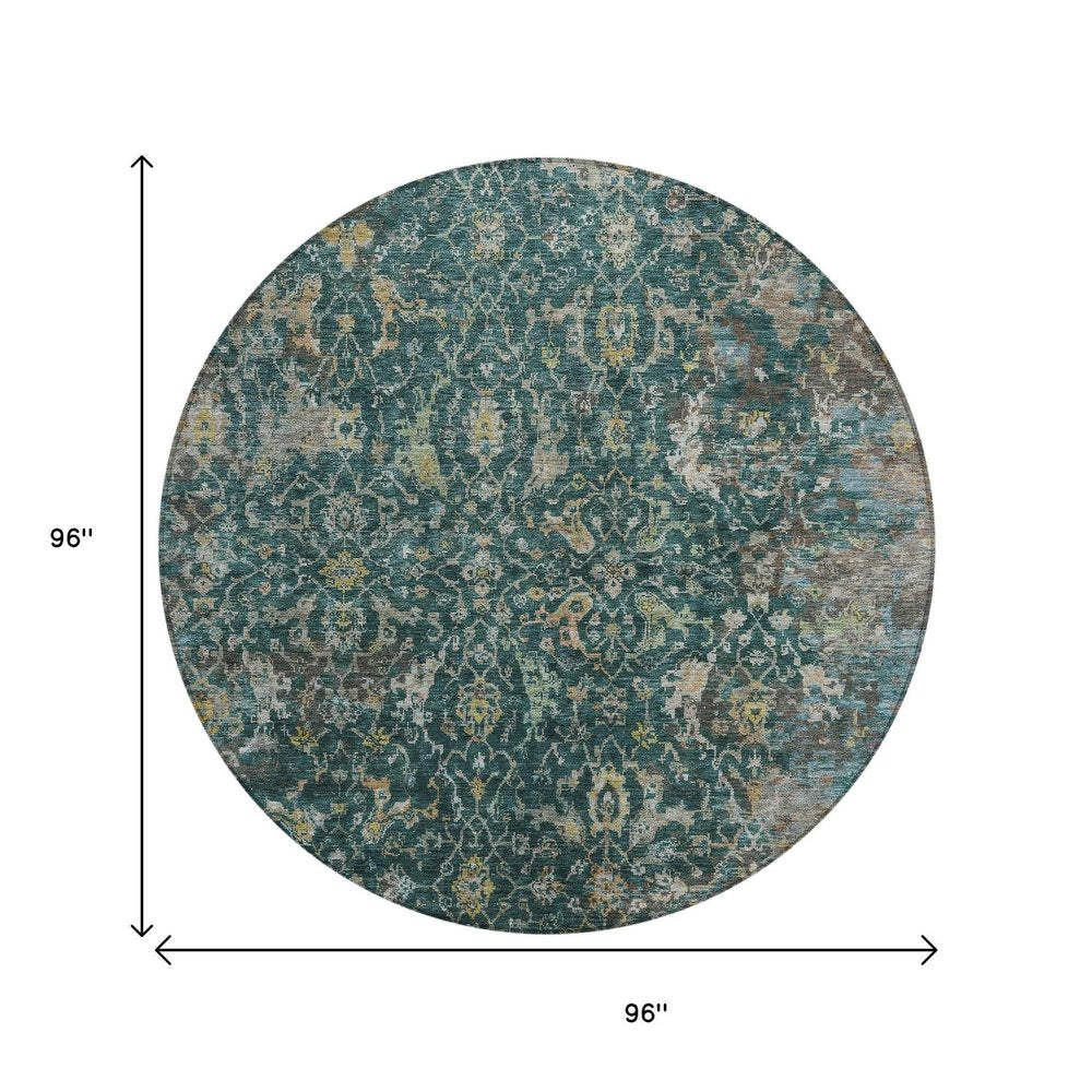 8' Teal Blue And Gray Round Damask Washable Indoor Outdoor Area Rug — view 5
