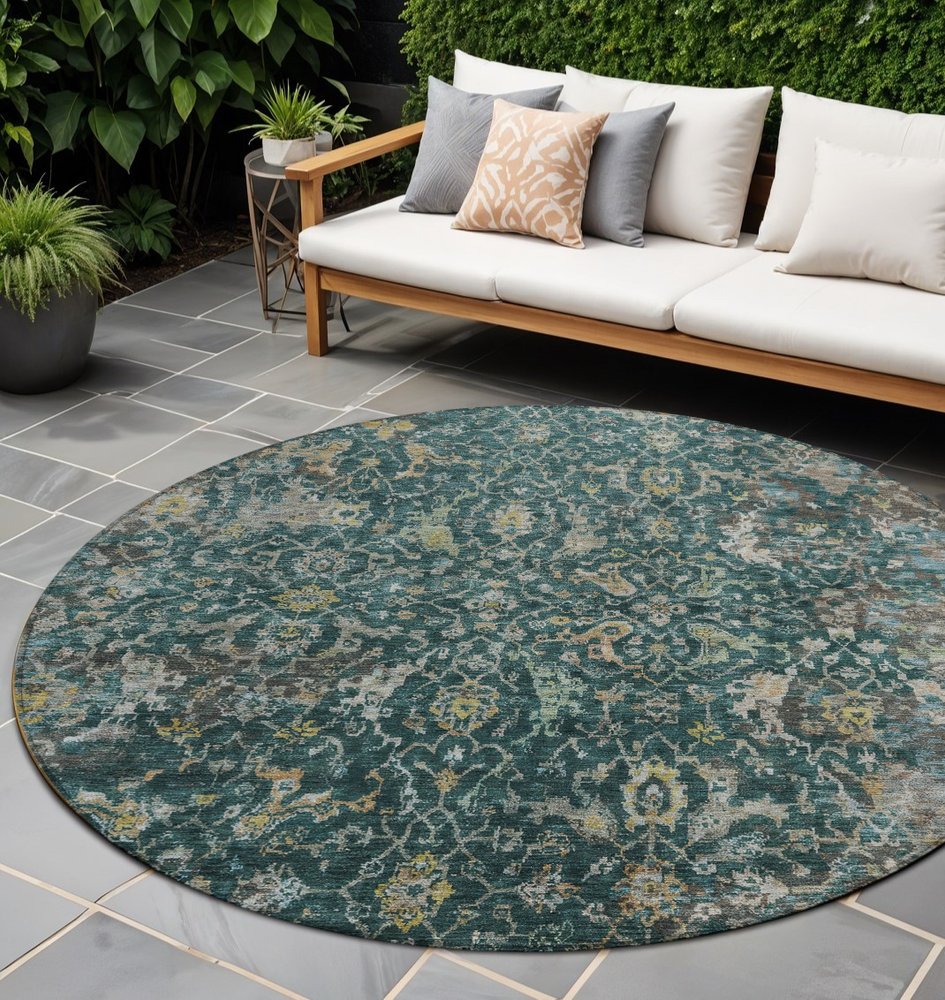 8' Teal Blue And Gray Round Damask Washable Indoor Outdoor Area Rug — view 6