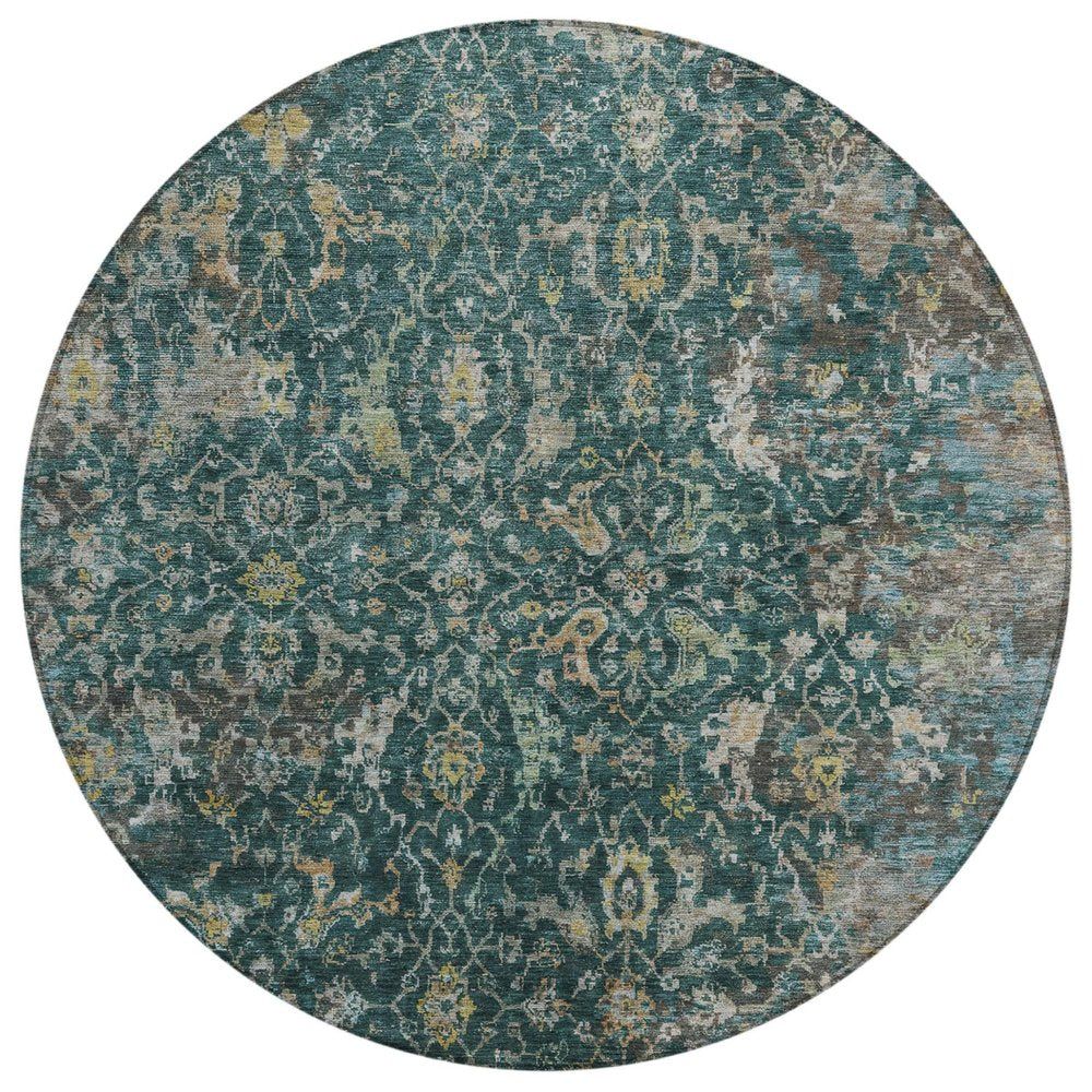 8' Teal Blue And Gray Round Damask Washable Indoor Outdoor Area Rug — view 1