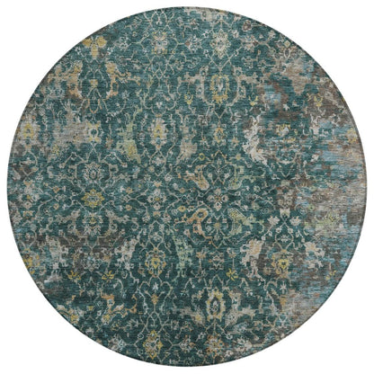 8' Teal Blue And Gray Round Damask Washable Indoor Outdoor Area Rug HomeRoots