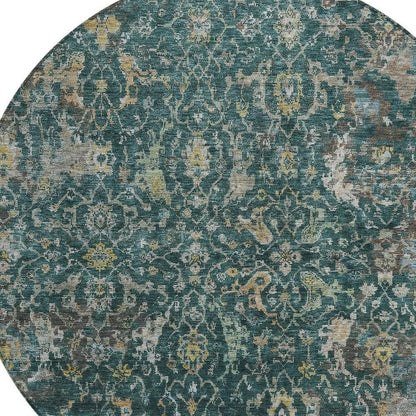 8' Teal Blue And Gray Round Damask Washable Indoor Outdoor Area Rug
