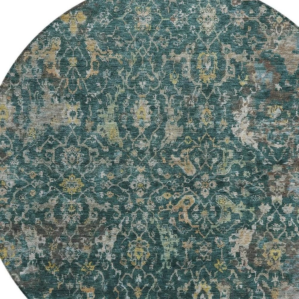 8' Teal Blue And Gray Round Damask Washable Indoor Outdoor Area Rug HomeRoots