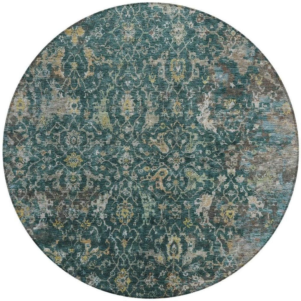 8' Teal Blue And Gray Round Damask Washable Indoor Outdoor Area Rug — view 4