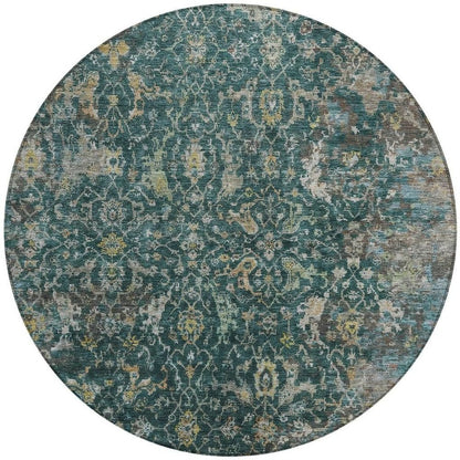 8' Teal Blue And Gray Round Damask Washable Indoor Outdoor Area Rug HomeRoots