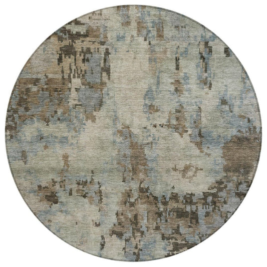8' Beige Gray And Chocolate Round Abstract Washable Indoor Outdoor Area Rug