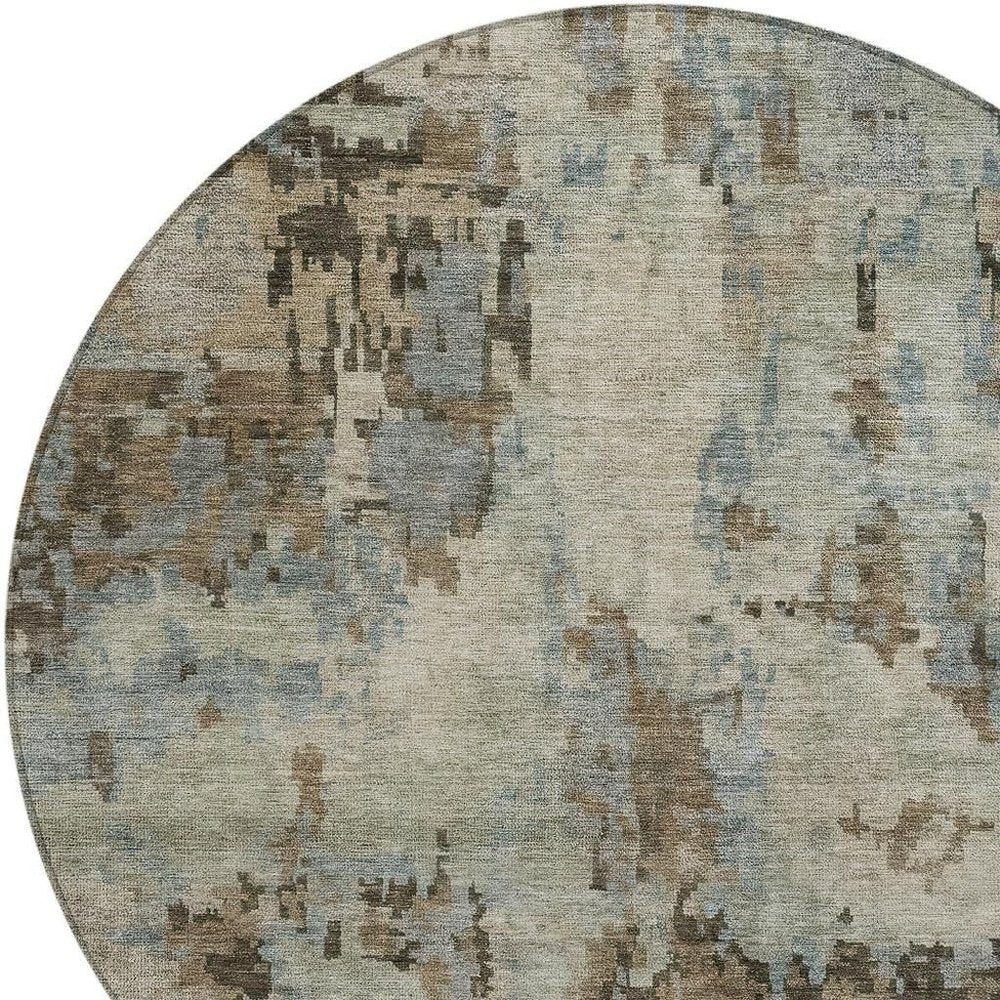 8' Beige Gray And Chocolate Round Abstract Washable Indoor Outdoor Area Rug — view 3