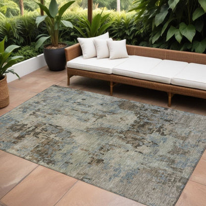 8' X 10' Beige Gray And Chocolate Abstract Washable Indoor Outdoor Area Rug