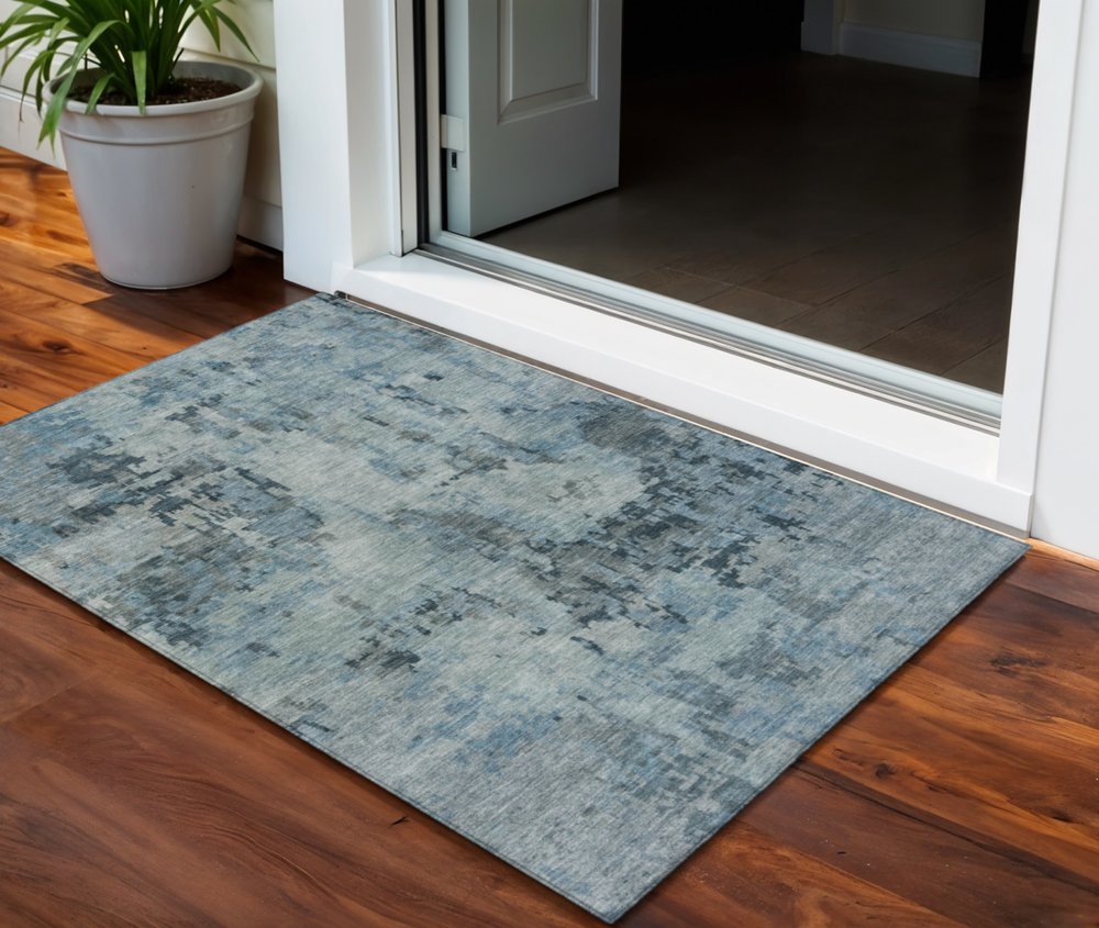 3' X 5' Blue And Gray Abstract Washable Indoor Outdoor Area Rug — view 8