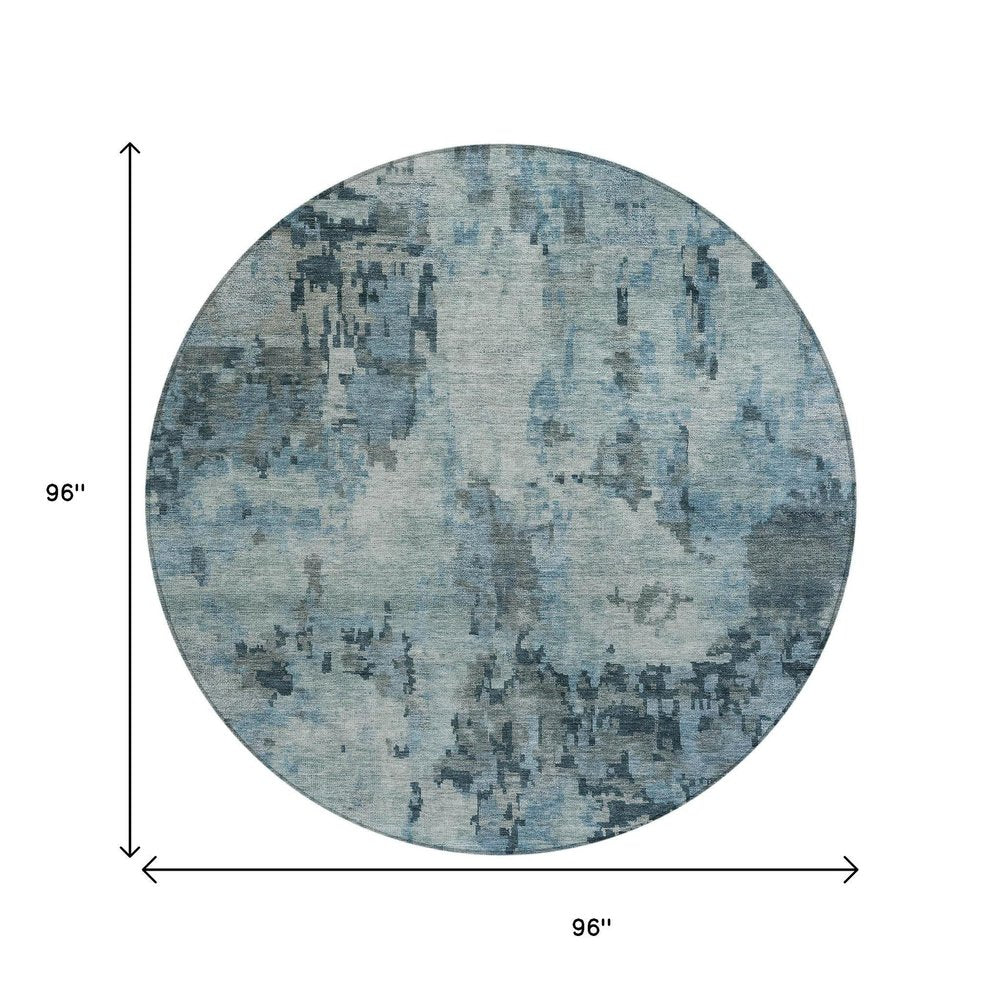 8' Blue And Gray Round Abstract Washable Indoor Outdoor Area Rug — view 6