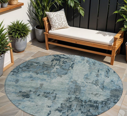 8' Blue And Gray Round Abstract Washable Indoor Outdoor Area Rug