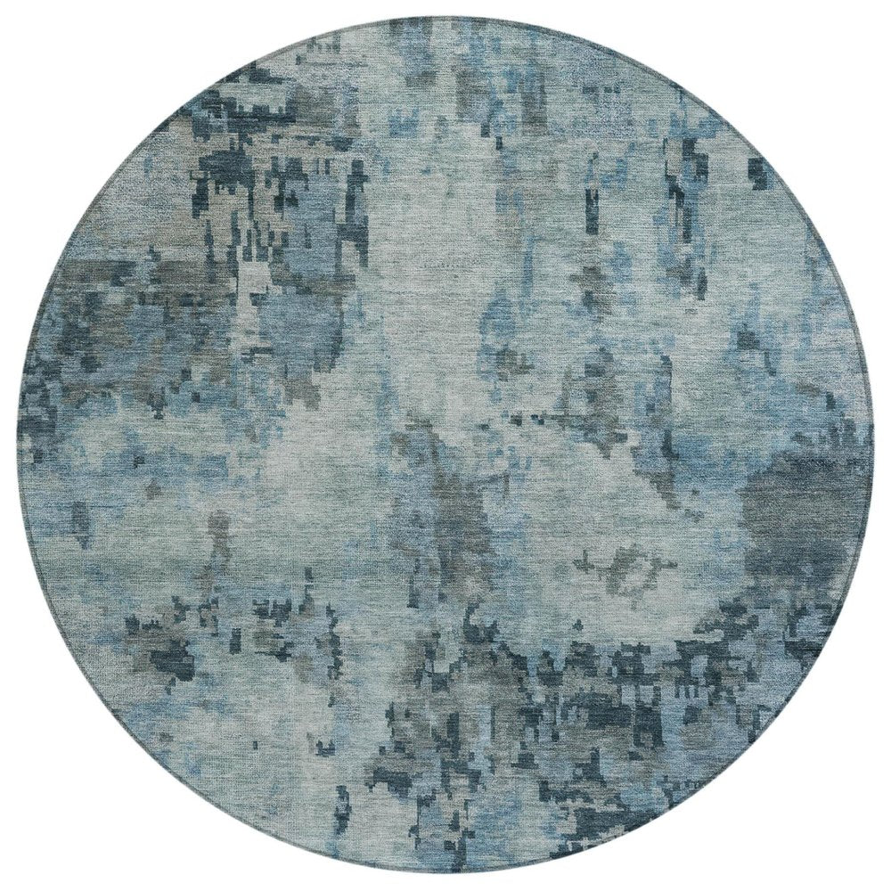 8' Blue And Gray Round Abstract Washable Indoor Outdoor Area Rug — view 1