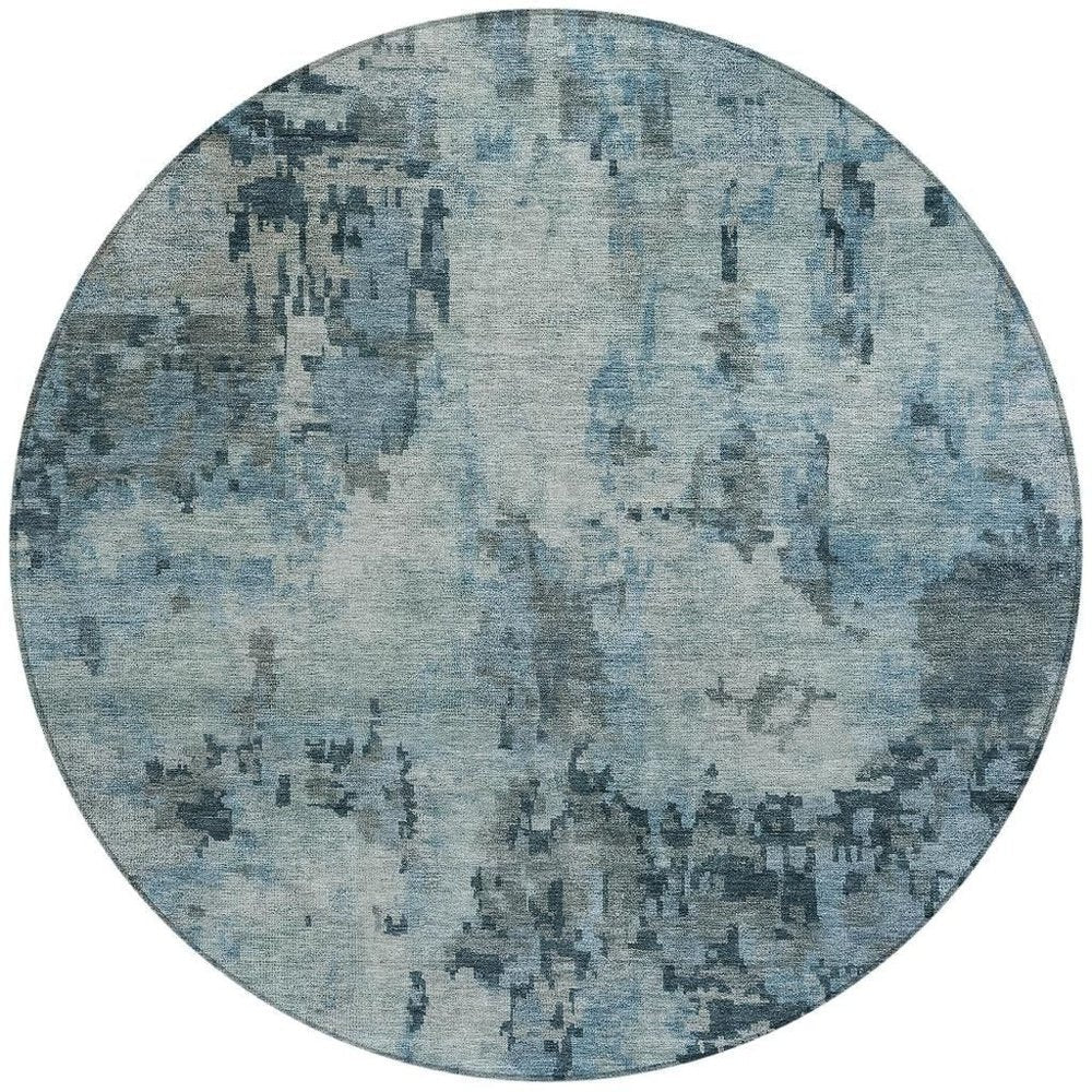 8' Blue And Gray Round Abstract Washable Indoor Outdoor Area Rug
