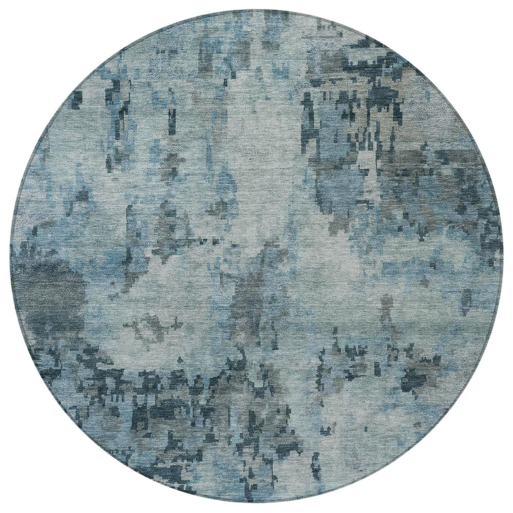 8' Blue And Gray Round Abstract Washable Indoor Outdoor Area Rug — view 5