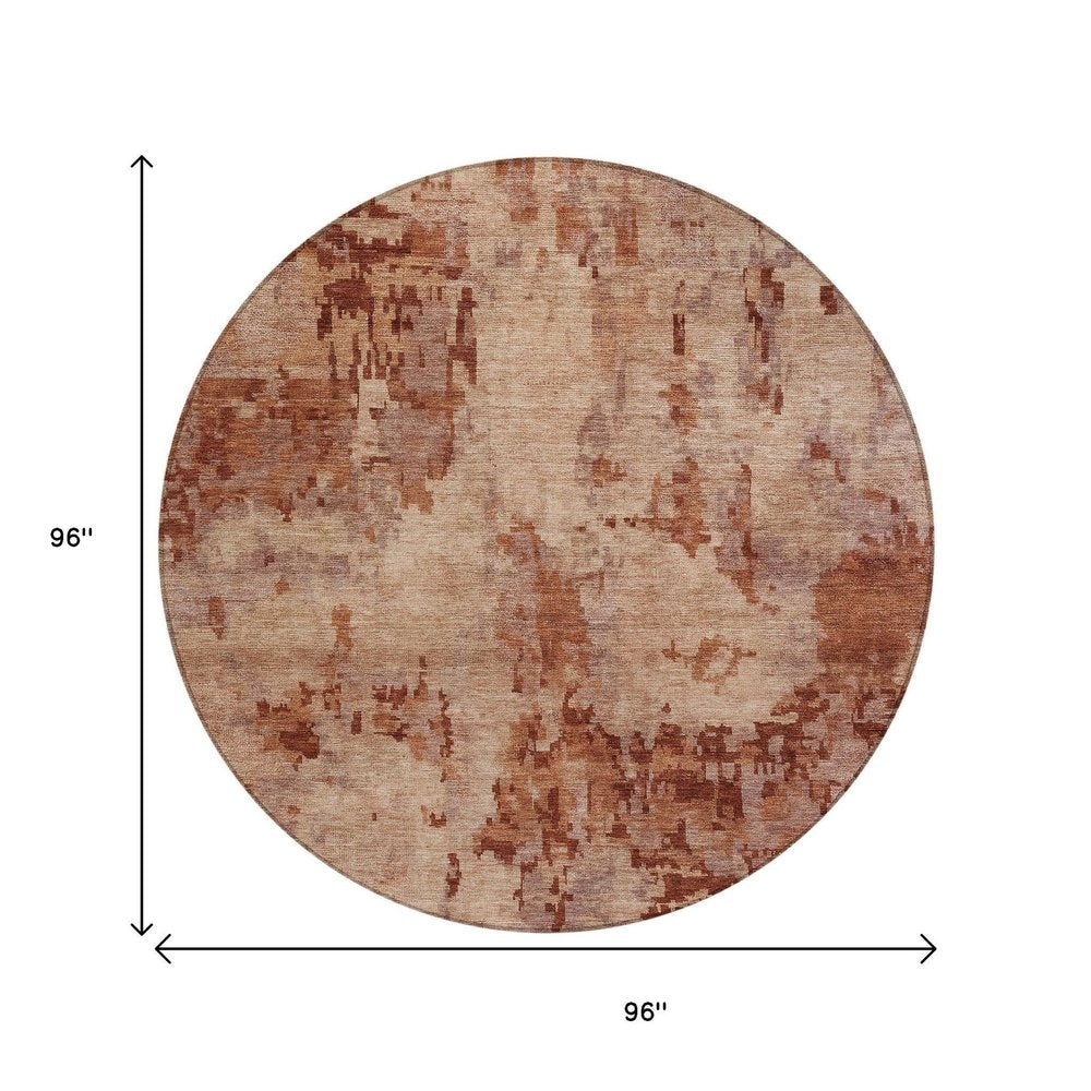 8' Copper And Coral Round Abstract Washable Indoor Outdoor Area Rug — view 5