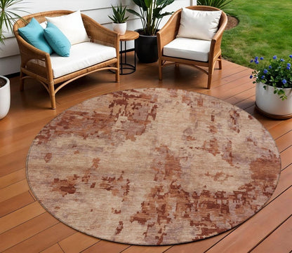 8' Copper And Coral Round Abstract Washable Indoor Outdoor Area Rug