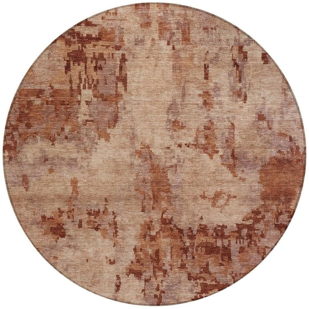 8' Copper And Coral Round Abstract Washable Indoor Outdoor Area Rug — view 4