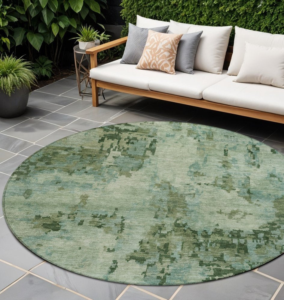 8' Sage And Teal Blue Round Abstract Washable Indoor Outdoor Area Rug