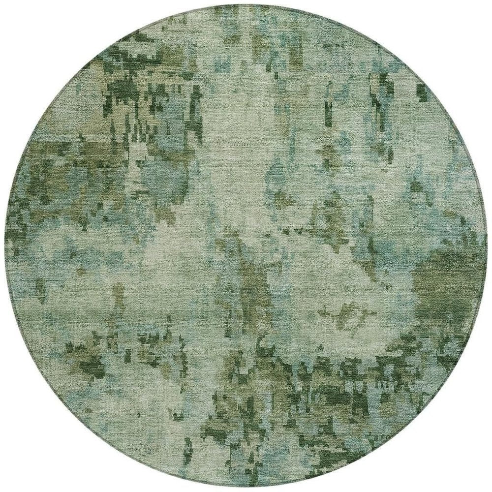 8' Sage And Teal Blue Round Abstract Washable Indoor Outdoor Area Rug