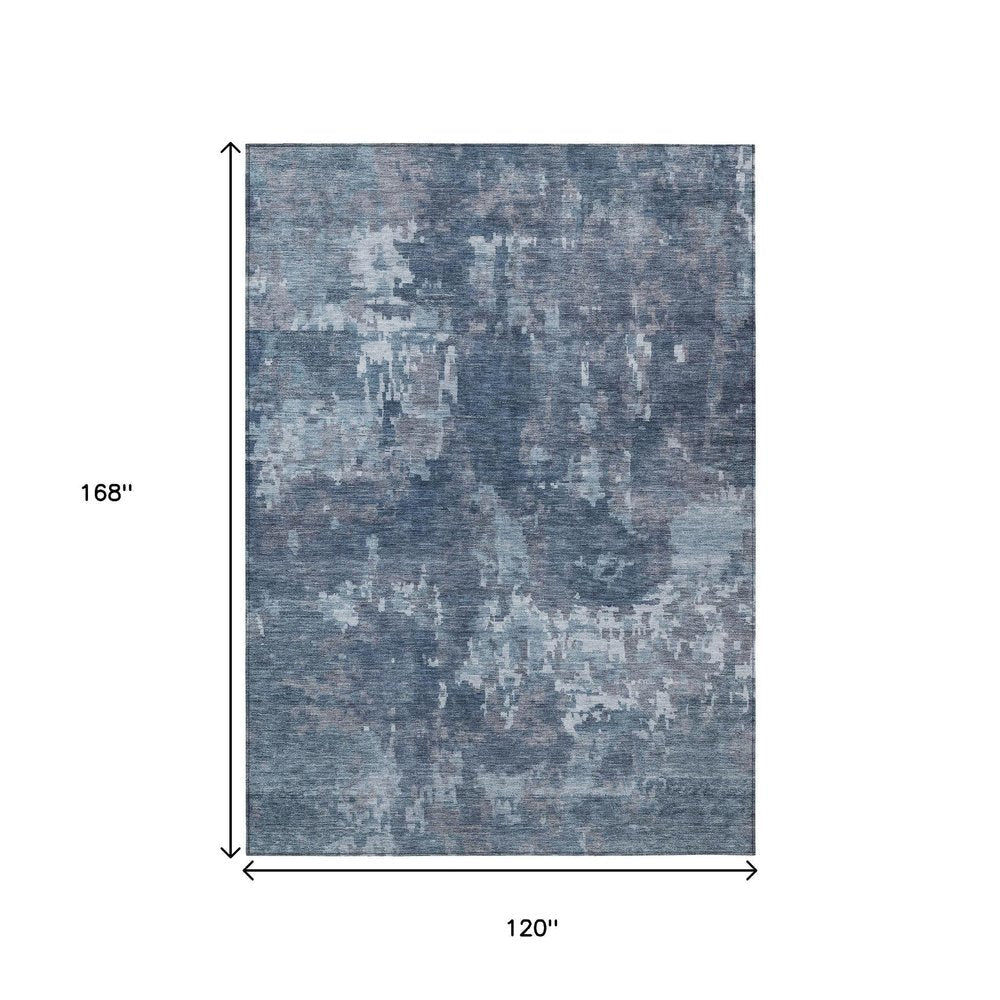 10' X 14' Blue And Ivory Abstract Washable Indoor Outdoor Area Rug