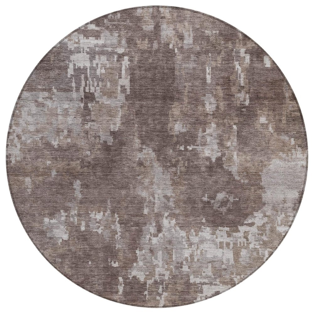 8' Brown And Ivory Round Abstract Washable Indoor Outdoor Area Rug — view 1