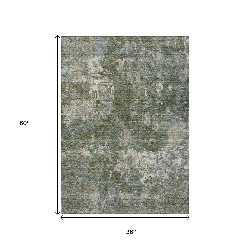 3' X 5' Fern Green And Beige Abstract Washable Indoor Outdoor Area Rug HomeRoots