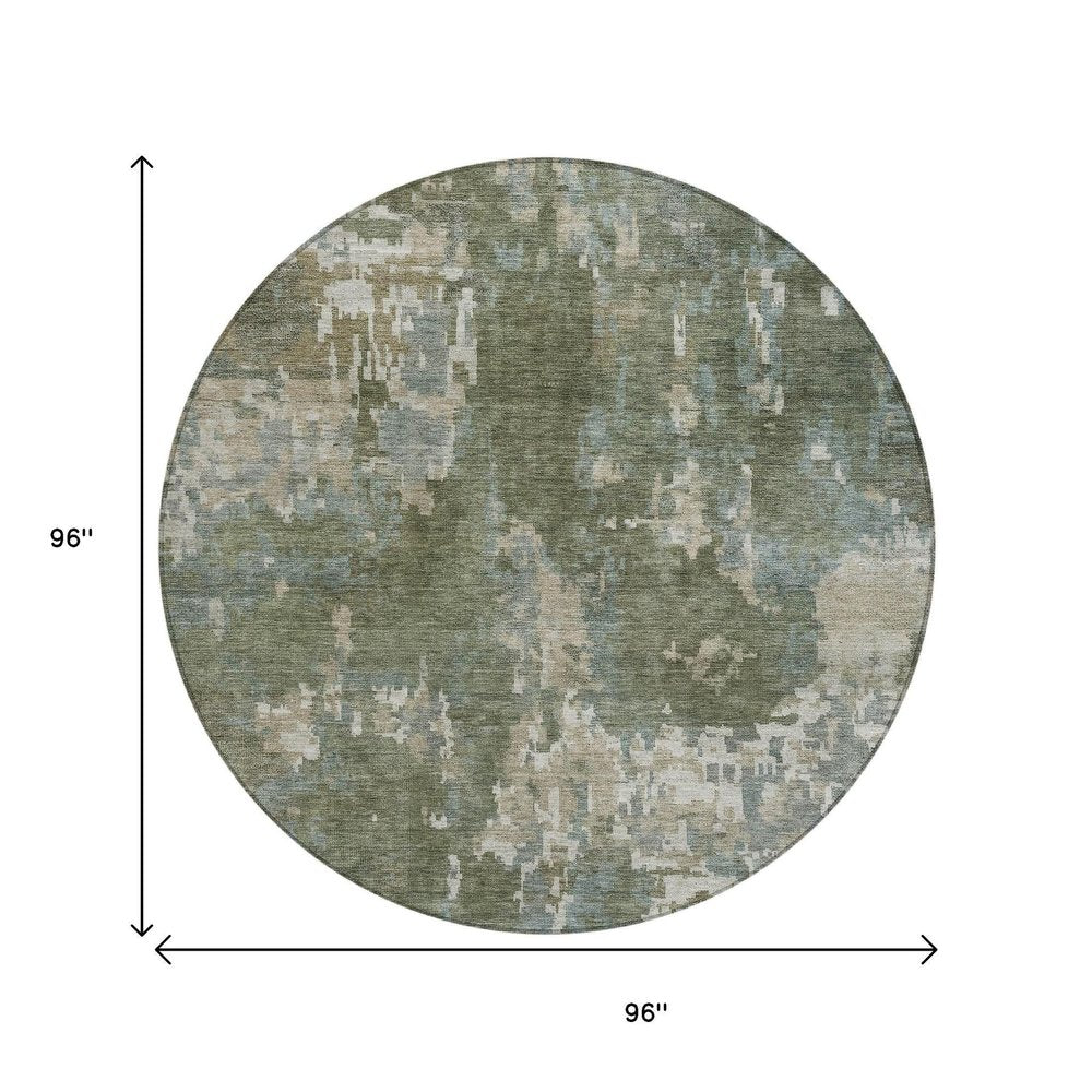 8' Fern Green And Beige Round Abstract Washable Indoor Outdoor Area Rug HomeRoots