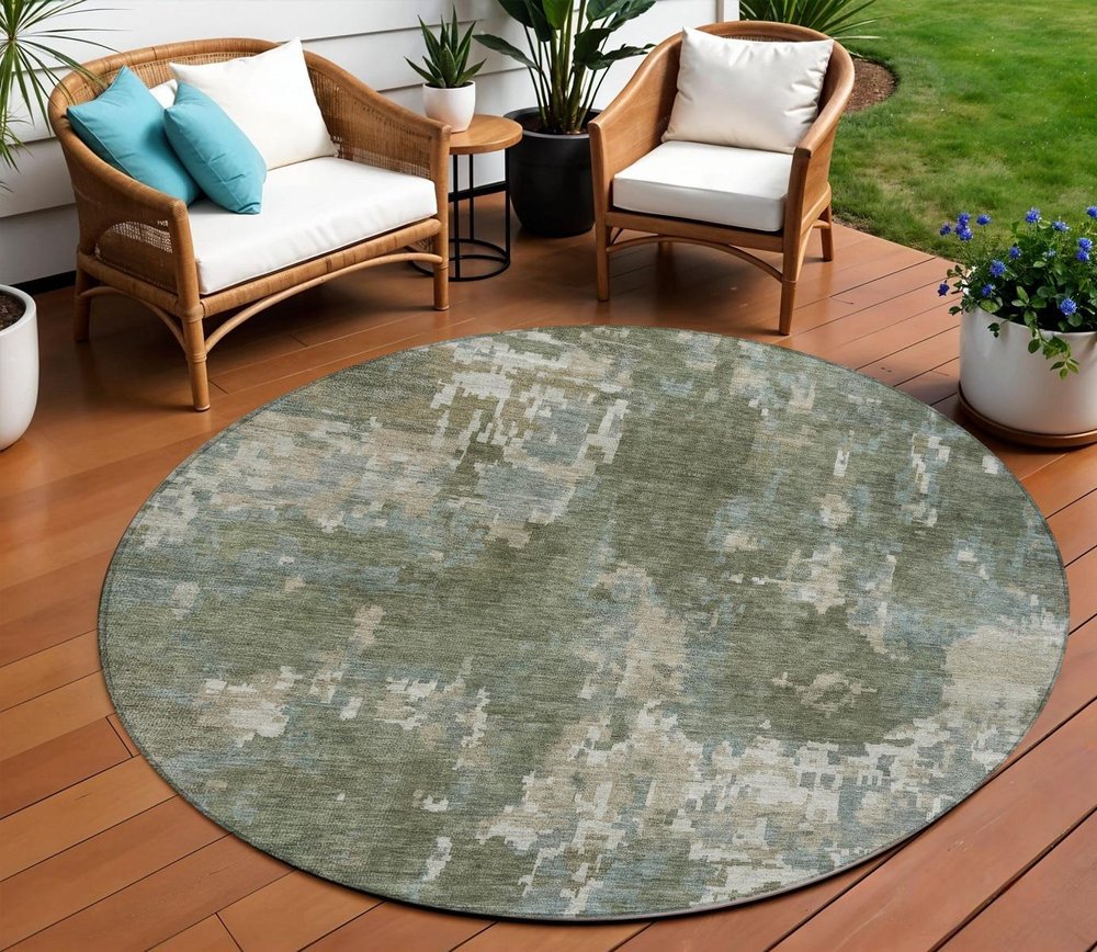 8' Fern Green And Beige Round Abstract Washable Indoor Outdoor Area Rug — view 8