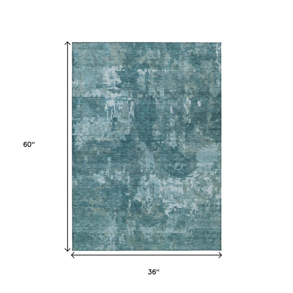 3' X 5' Teal Blue And Aqua Abstract Washable Indoor Outdoor Area Rug — view 6