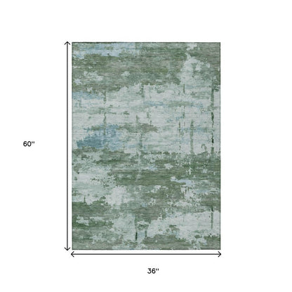 3' X 5' Artichoke Green And Ivory Abstract Washable Indoor Outdoor Area Rug HomeRoots