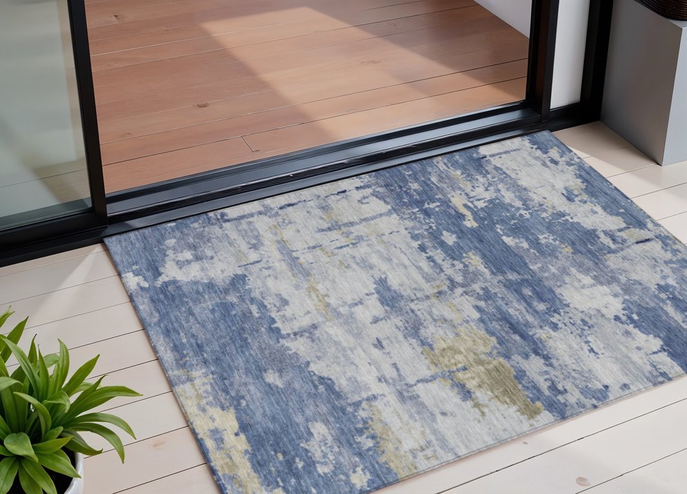 3' X 5' Navy Blue And Ivory Abstract Washable Indoor Outdoor Area Rug — view 4