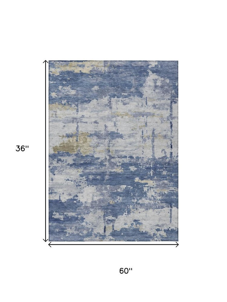 3' X 5' Navy Blue And Ivory Abstract Washable Indoor Outdoor Area Rug HomeRoots