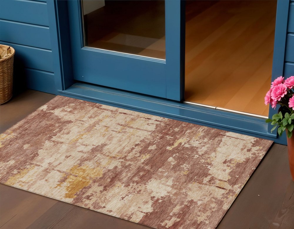 3' X 5' Rust And Beige Abstract Washable Indoor Outdoor Area Rug — view 6