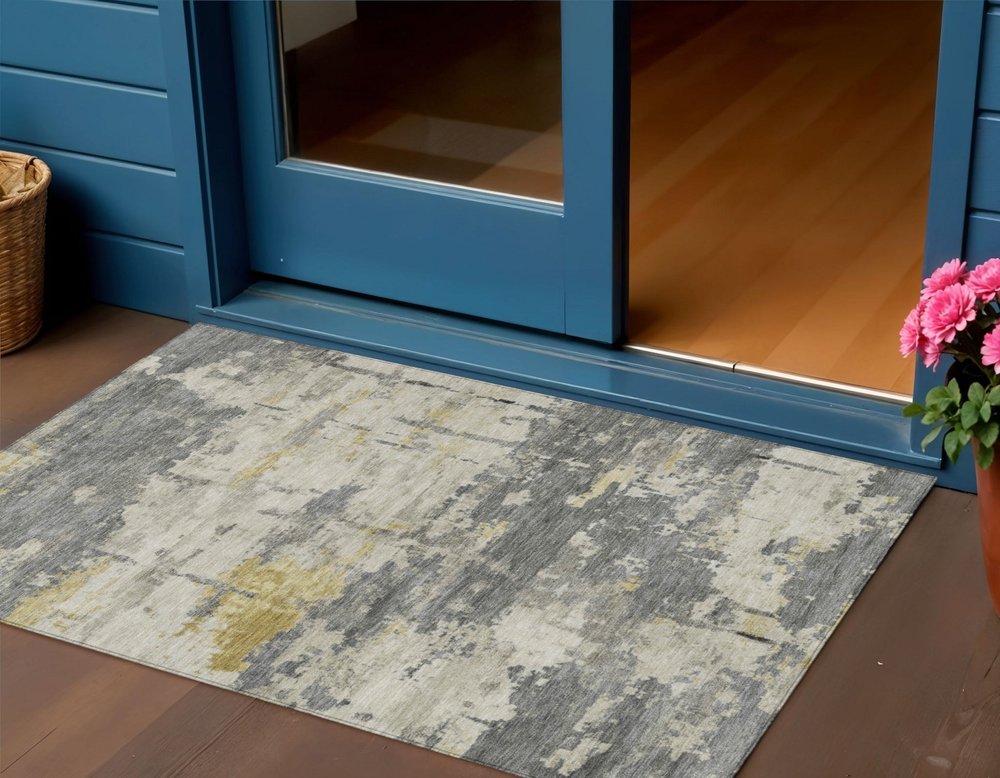 3' X 5' Pewter Ivory And Gold Abstract Washable Indoor Outdoor Area Rug — view 4