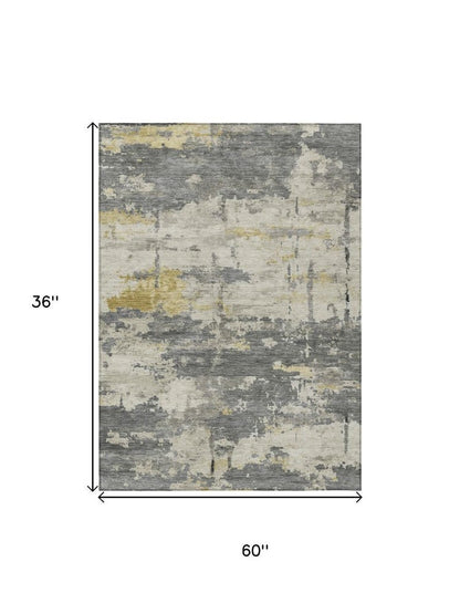 3' X 5' Pewter Ivory And Gold Abstract Washable Indoor Outdoor Area Rug HomeRoots