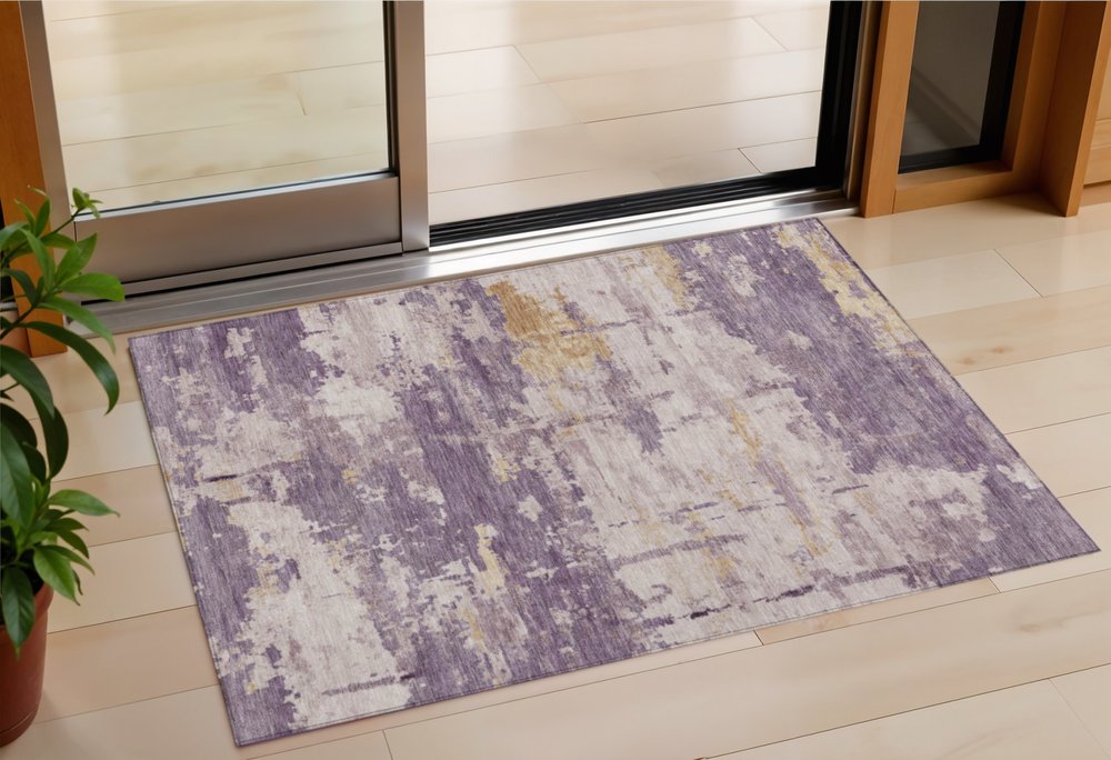 3' X 5' Plum Ivory And Gold Abstract Washable Indoor Outdoor Area Rug HomeRoots