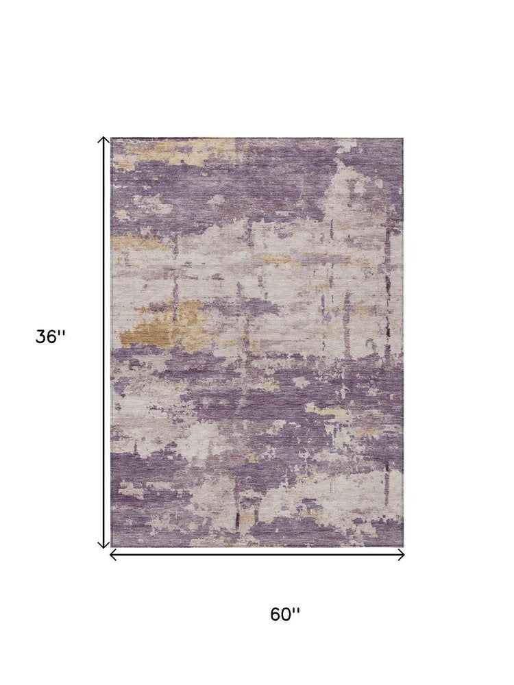 3' X 5' Plum Ivory And Gold Abstract Washable Indoor Outdoor Area Rug — view 7