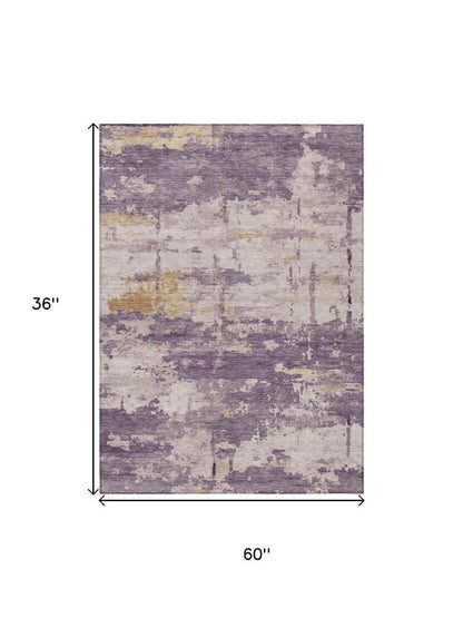 3' X 5' Plum Ivory And Gold Abstract Washable Indoor Outdoor Area Rug HomeRoots