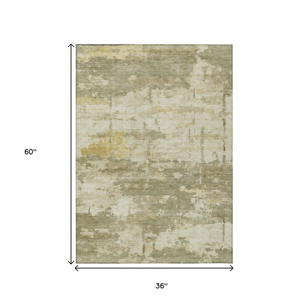3' X 5' Sage Ivory And Gold Abstract Washable Indoor Outdoor Area Rug