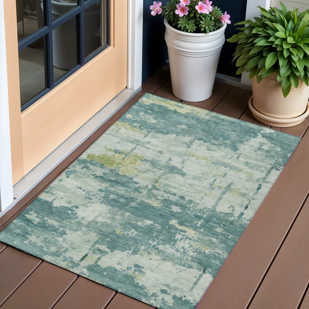 3' X 5' Teal Blue Ivory And Gold Abstract Washable Indoor Outdoor Area Rug — view 4