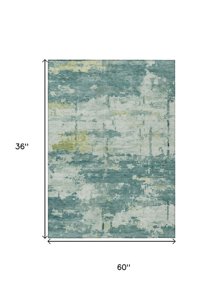 3' X 5' Teal Blue Ivory And Gold Abstract Washable Indoor Outdoor Area Rug — view 6