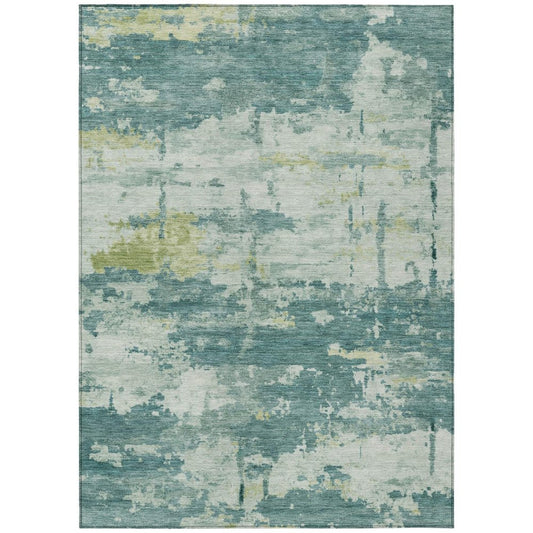 3' X 5' Teal Blue Ivory And Gold Abstract Washable Indoor Outdoor Area Rug