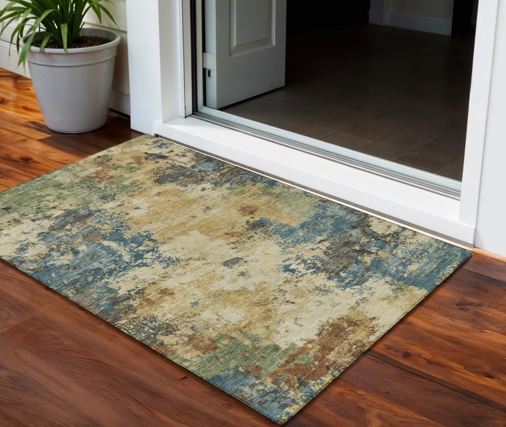 3' X 5' Beige Blue And Gray Abstract Washable Indoor Outdoor Area Rug — view 3